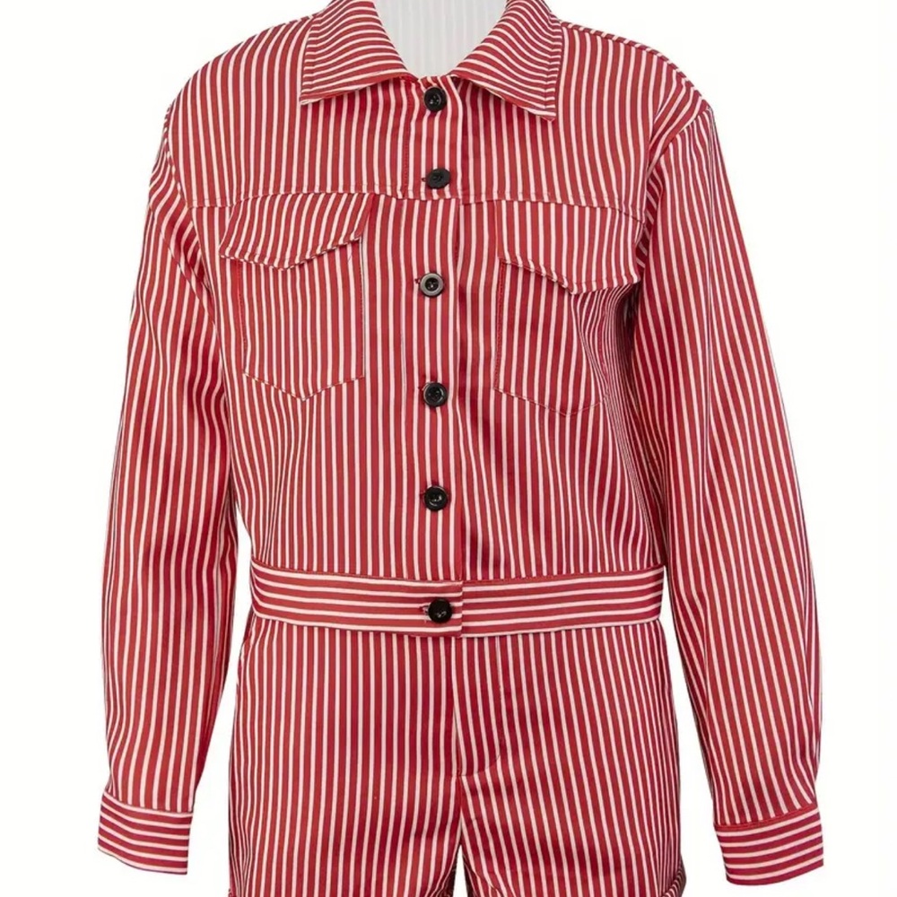 Striped Print Casual Two-Piece Set – Button-Up Long Sleeve Jacket & Shorts